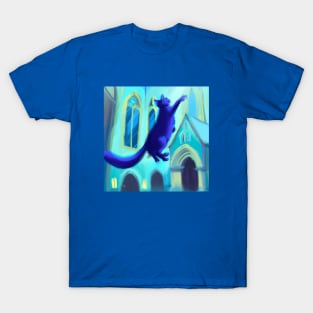 Blue Cat Jumps For Joy in Church T-Shirt